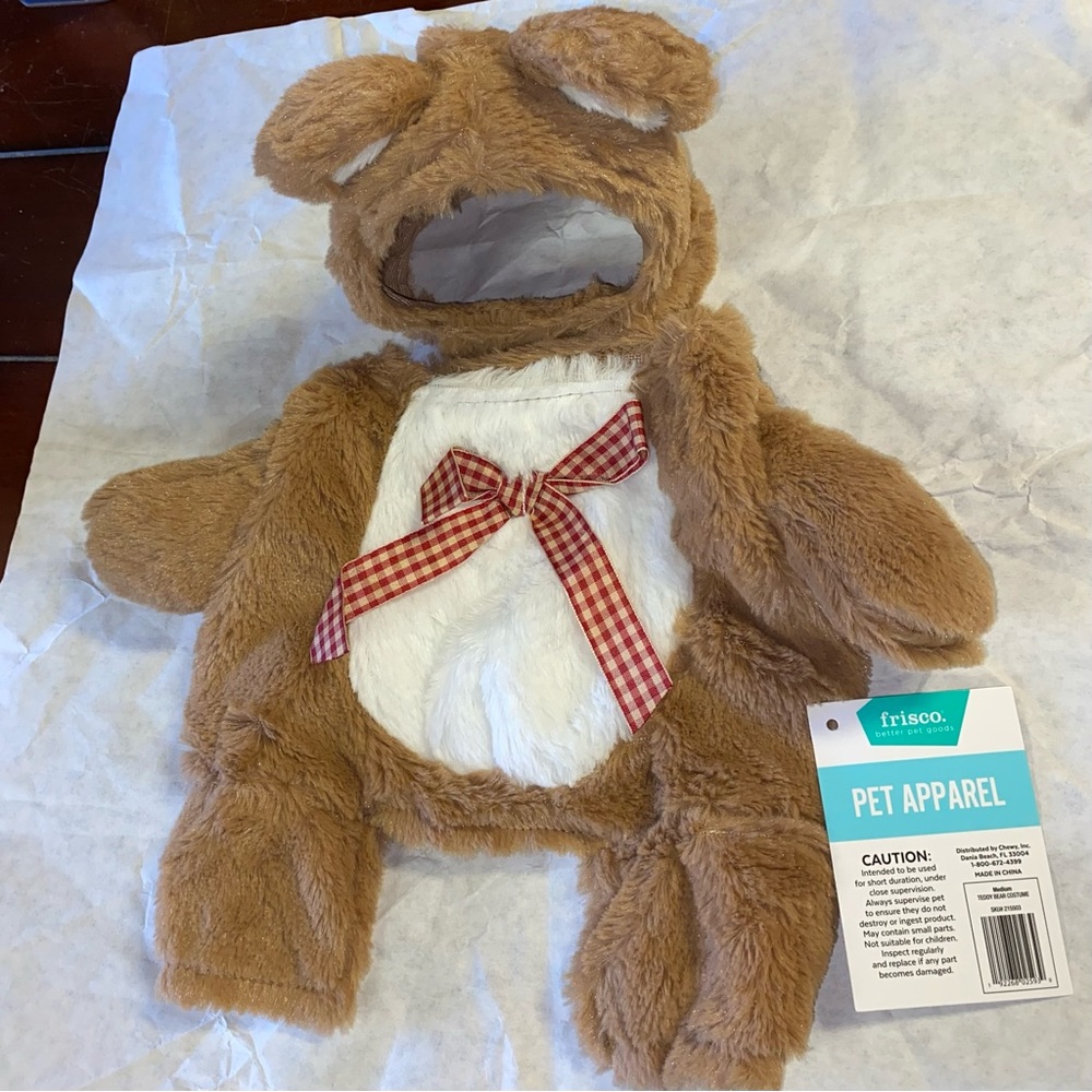 Tan Bear Costume with Bow for size Medium Dog